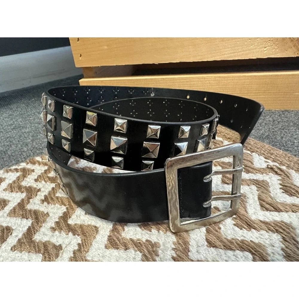Vintage Y2K Black Faux Leather Pyramid Stud Belt Punk Goth Emo Rocker Festival